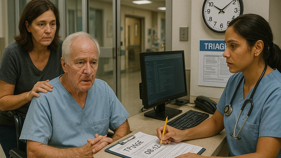 Enfermera realizando triage a un paciente mayor con oxígeno asistido y su familiar; escena que ilustra la negligencia médica y sus requisitos.
