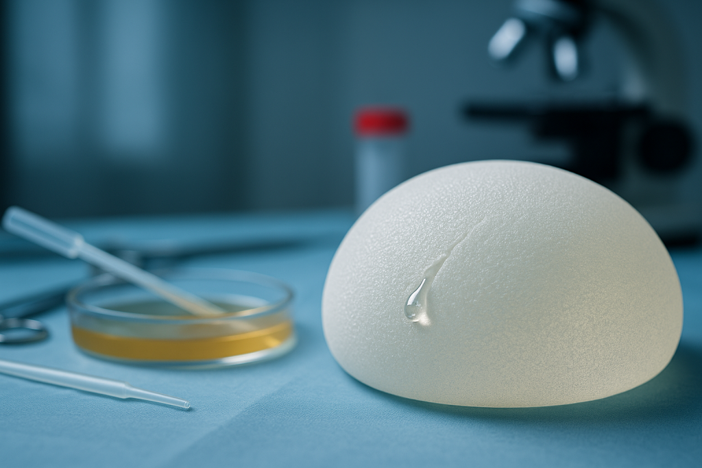 Implante mamario de silicona texturizada con fuga de gel en mesa quirúrgica, con placa de Petri y microscopio desenfocados al fondo.