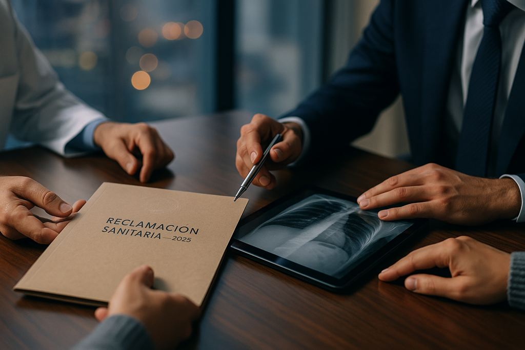 Revisión abogado-médico de radiografía y expediente de reclamación por negligencia médica en España, 2025.