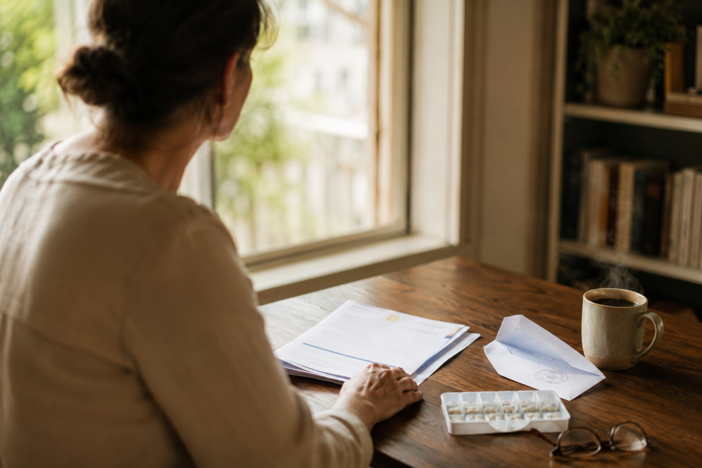 Mujer revisa informes médicos y resolución del INSS antes de reclamar la Incapacidad Permanente Absoluta