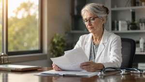 Médica veterana revisa la documentación para la jubilación del médico estatutario en su consulta