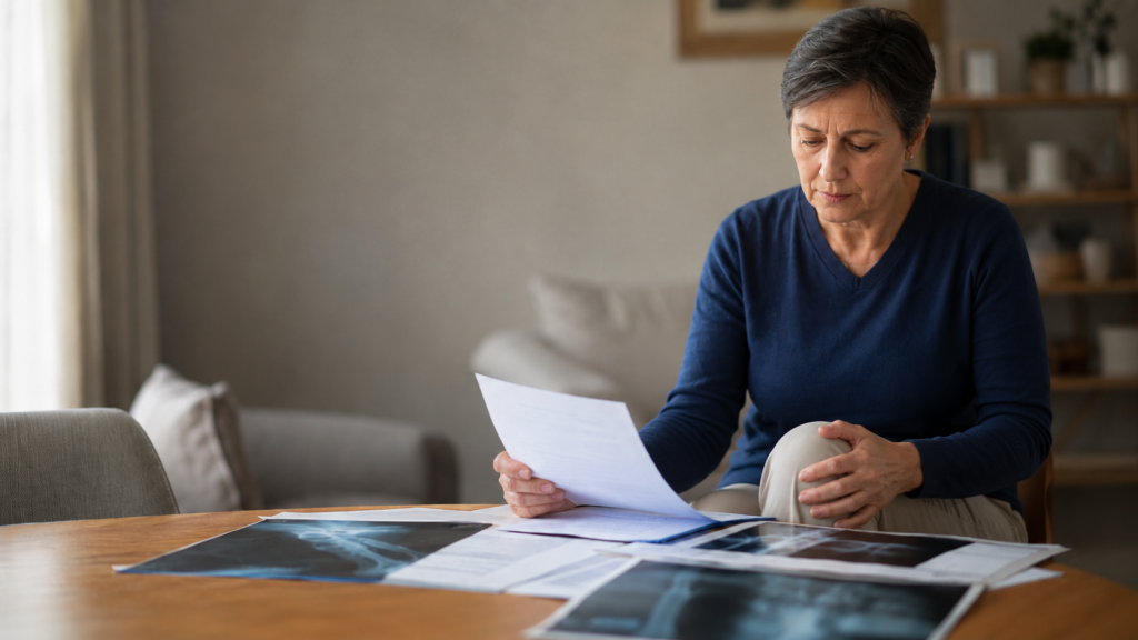 ersona con dolor articular por artrosis revisa sus informes médicos para pedir la incapacidad permanente