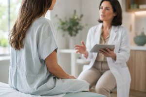 Mujer en consulta médica revisa el resultado de una negligencia en cirugía estética tras un aumento de pecho