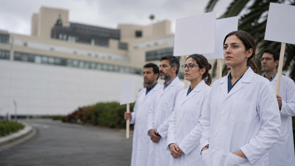 Médicos en bata con chalecos de huelga concentrados ante un hospital durante la huelga médica