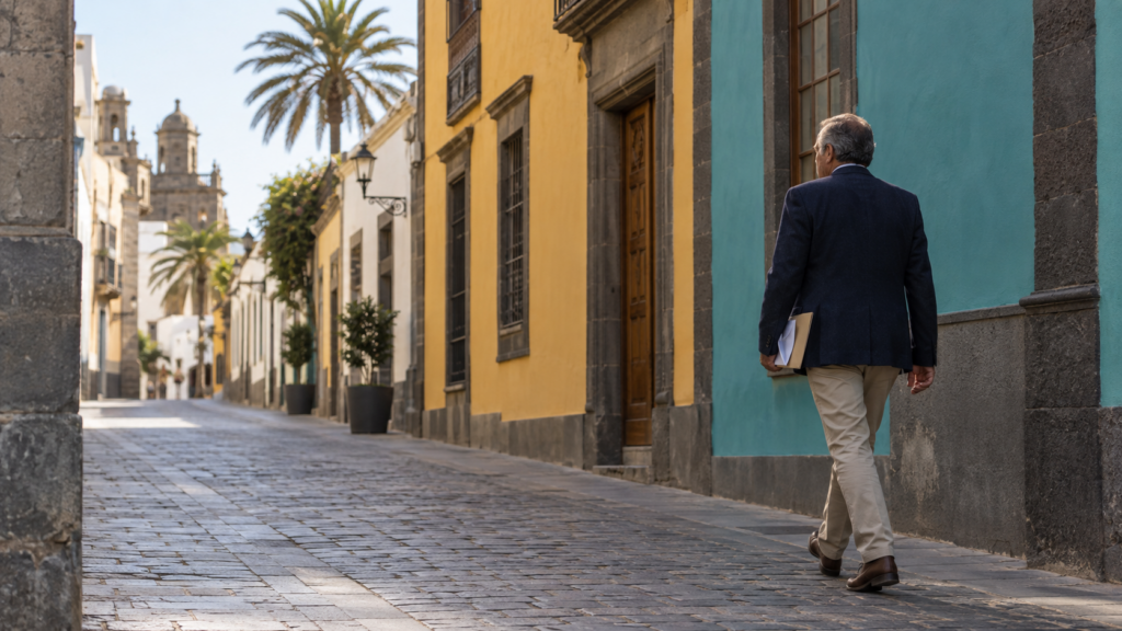 Hombre de mediana edad caminando por una calle de casas de colores en Canarias con un sobre en la mano, camino de resolver su revisión de incapacidad permanente