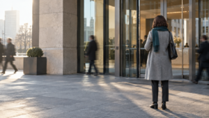Mujer de espaldas, de pie ante la puerta acristalada de un edificio de oficinas, imagen sobre la incapacidad permanente por ansiedad